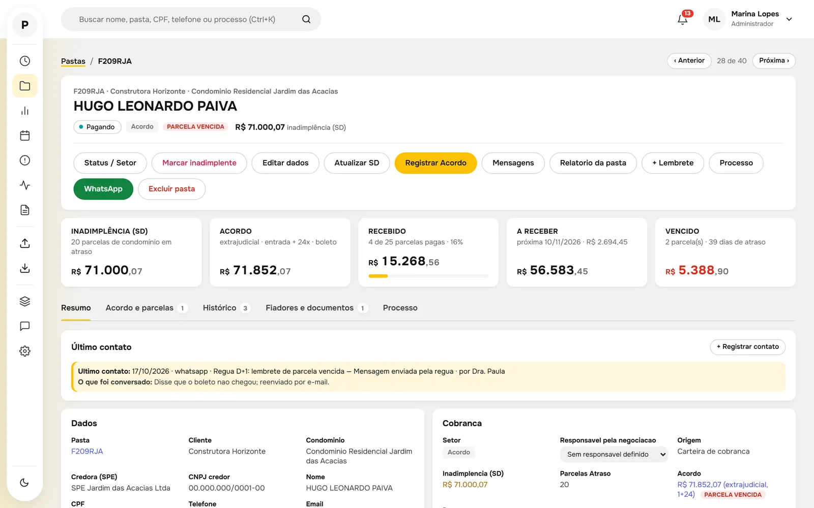 Resumo da pasta com inadimplência, acordo, recebido, a receber e parcela vencida