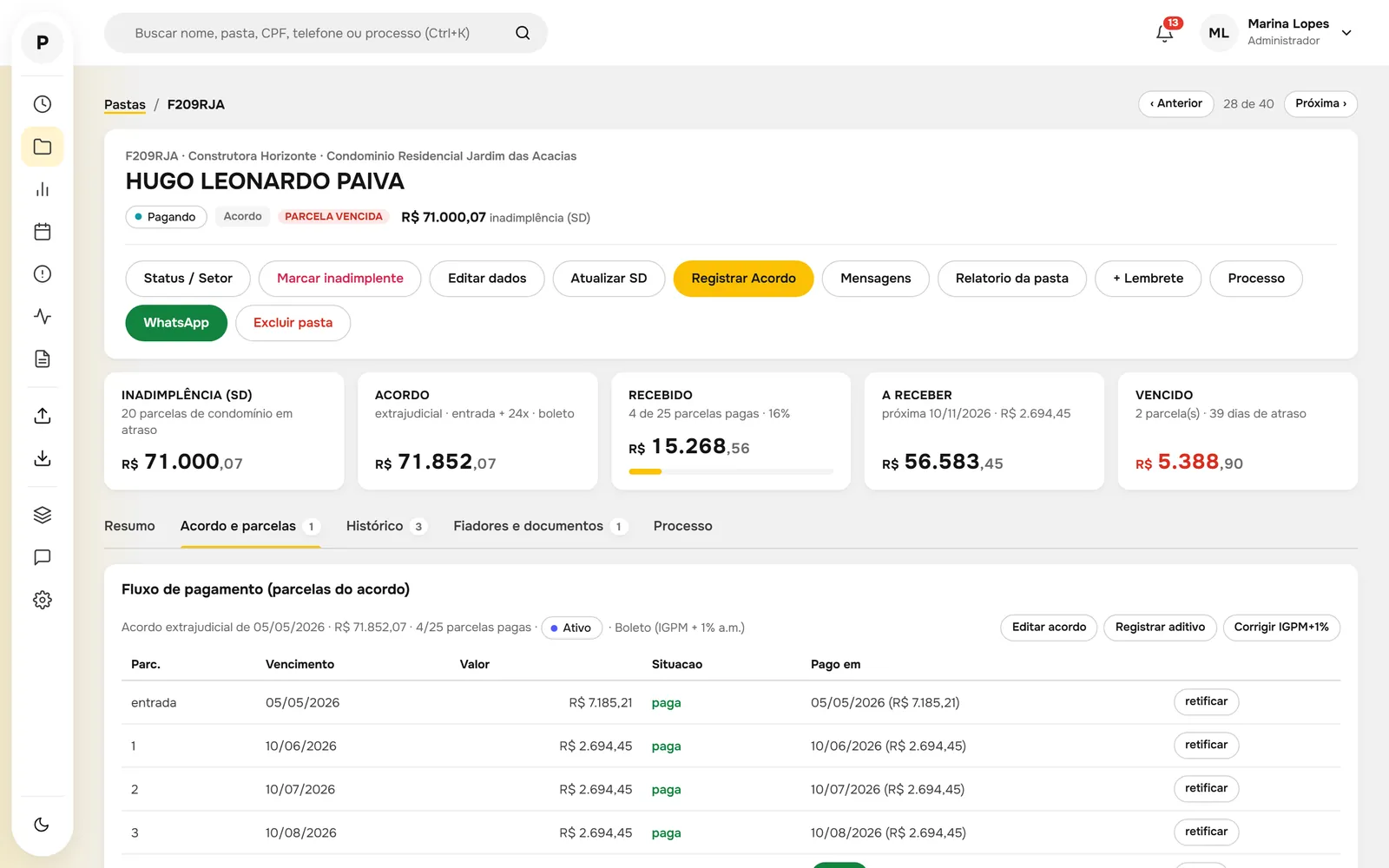 Acordo com entrada e parcelas, mostrando pagas e pendentes